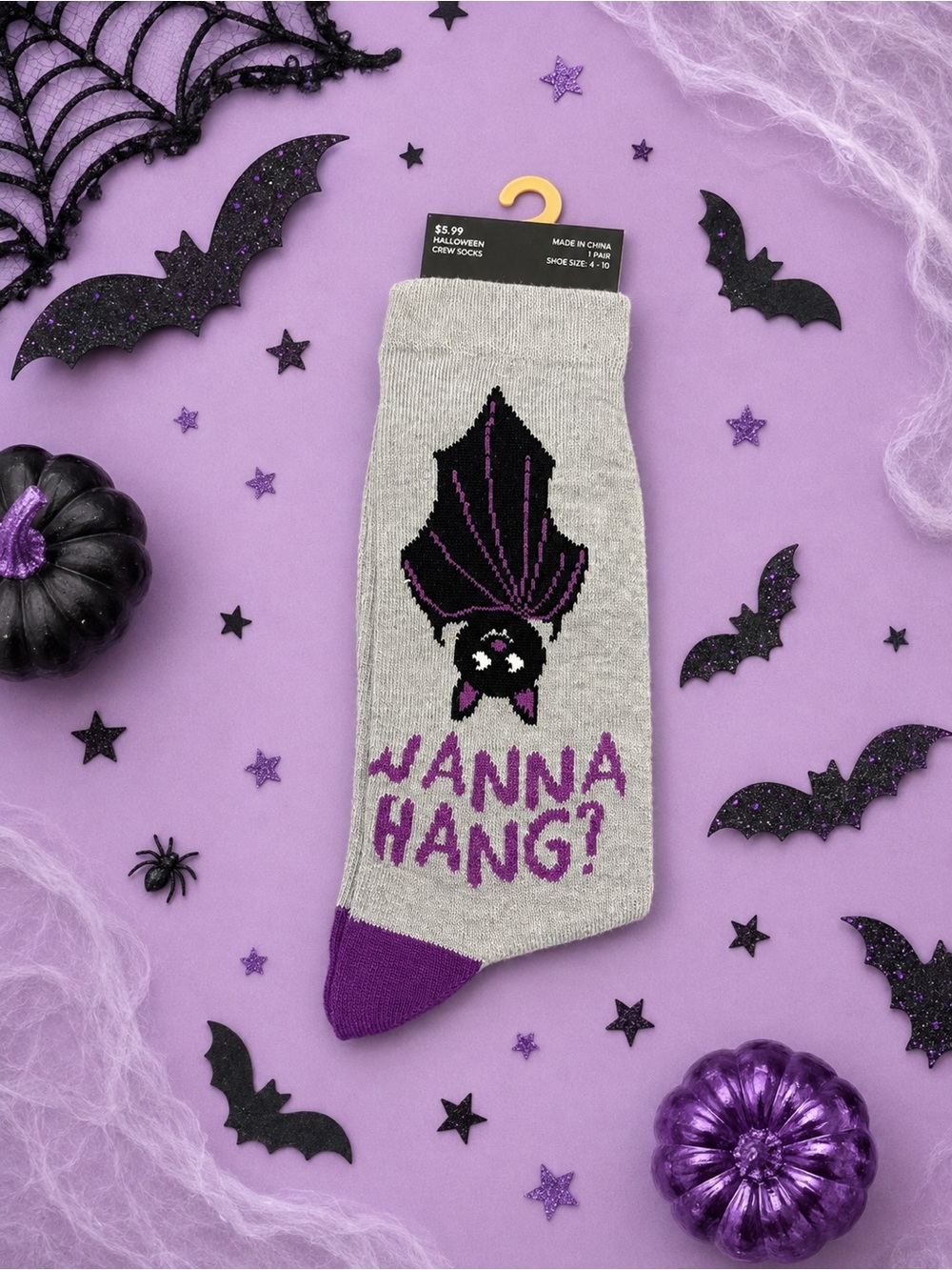 Halloween Bat “Wanna Hang?” Crew Socks Gray Purple NWT